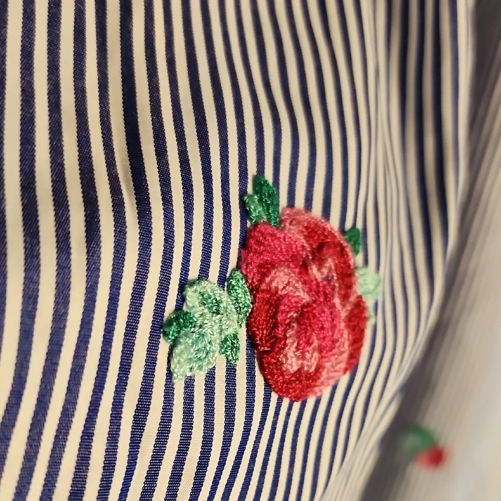 AMY BYER | Blue White Striped Easter Dress‎ Pink Floral Embroidery Accents | 16